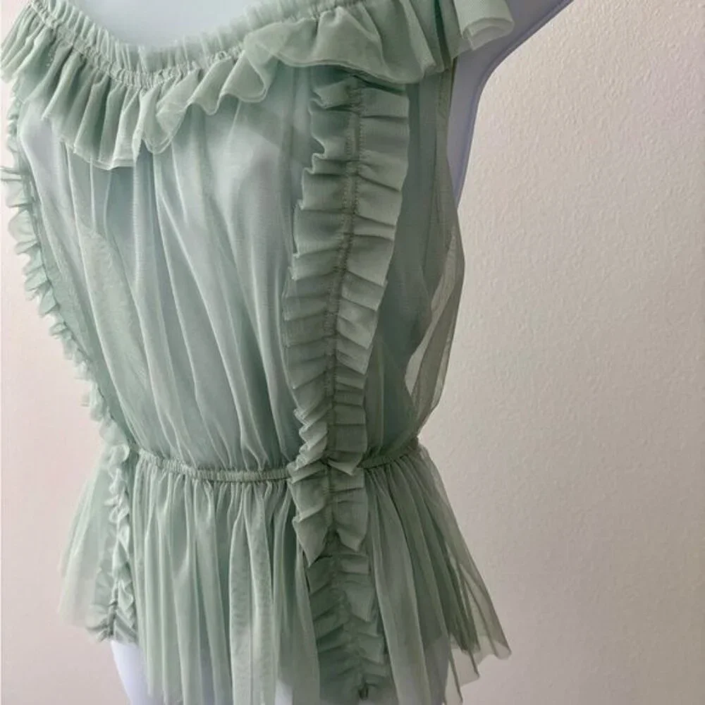 H & M Top 12 Mesh Peplum Green Ruffle Tulle Romantic Cottagecore Victorian Fairy - Picture 7 of 13